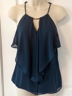 New York & Company Navy Ruffle Chiffon Tank Top XS Flowy Layered Blouse